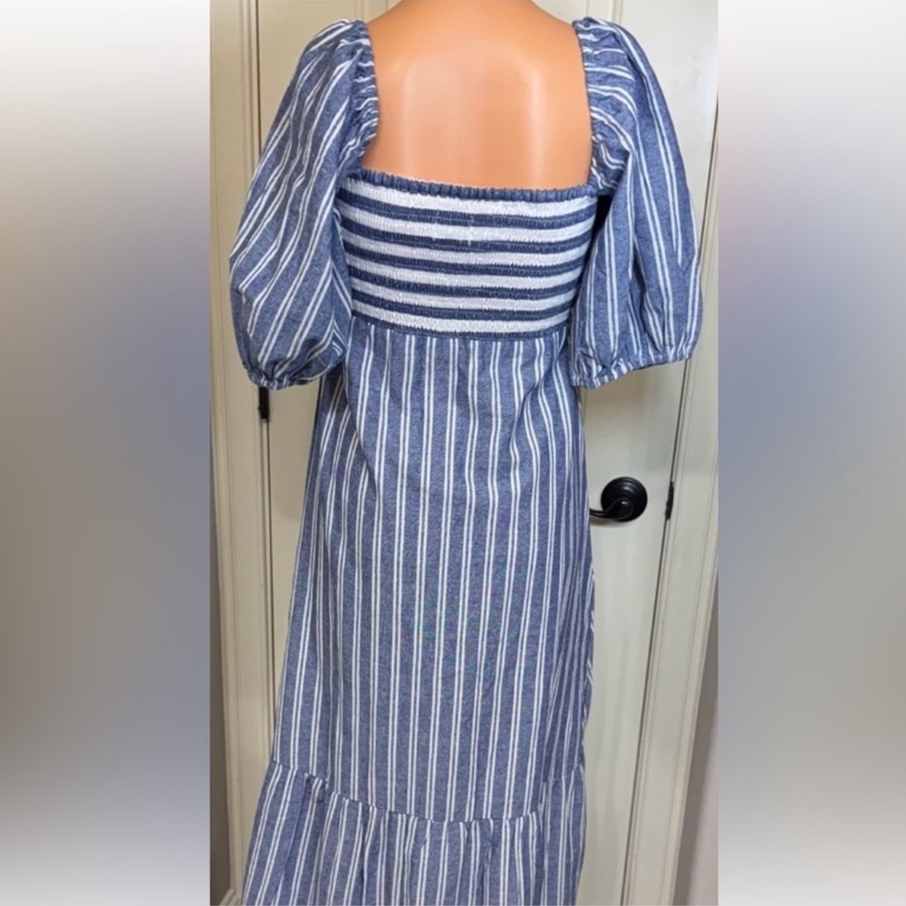 Emerson Fry Love Tomas Blue White Stripe Smocked Maxi Dress Cotton M/L - Picture 3 of 5